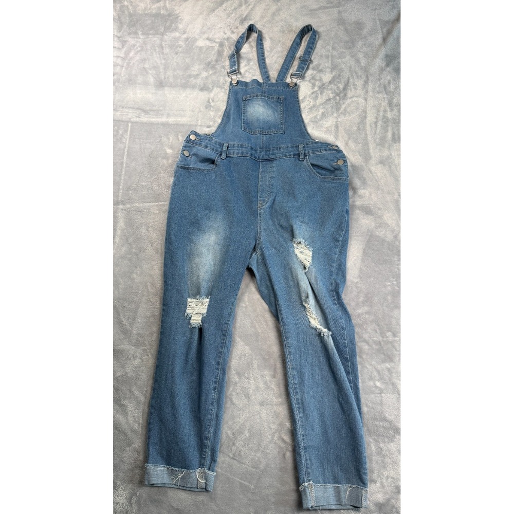 Shein Curve Overall Womens 2XL Blue Denim Cotton Stretch Distressed Raw Hem